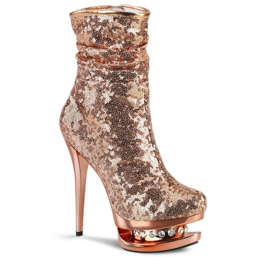 Product image of Pleaser BLONDIE-R-1009 Rose Gold Sequins/Rose Gold Chrome 6 inch (15.2 cm) Heel 1 1/2 inch (3.8 cm) Platform Sequins Ankle Boot Side Zip