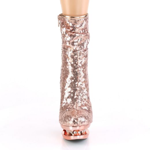 Product image of Pleaser BLONDIE-R-1009 Rose Gold Sequins/Rose Gold Chrome 6 inch (15.2 cm) Heel 1 1/2 inch (3.8 cm) Platform Sequins Ankle Boot Side Zip