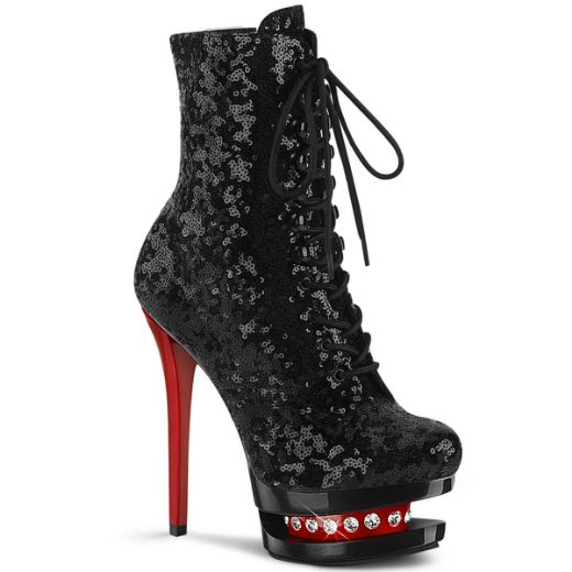 Product image of Pleaser BLONDIE-R-1020 Black Sequins/Black-Red 6 inch (15.2 cm) Heel 1 1/2 inch (3.8 cm) Platform Two Tone Lace-Up Sequins Ankle Boot