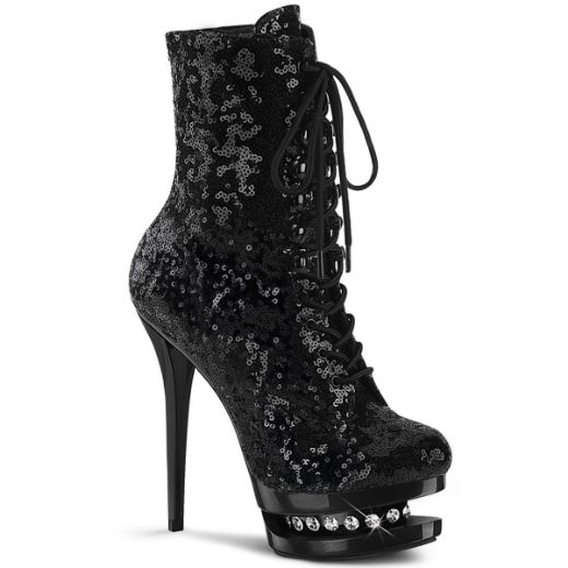 Product image of Pleaser BLONDIE-R-1020 Black Sequins/Black 6 inch (15.2 cm) Heel 1 1/2 inch (3.8 cm) Platform Lace-Up Sequins Ankle Boot Side Zip