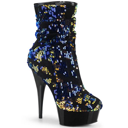 Product image of Pleaser DELIGHT-1004 Blue Iridescent Sequins/Black 6 inch (15.2 cm) Heel 1 3/4 inch (4.5 cm) Platform Slouch Ankle Boot Side Zip