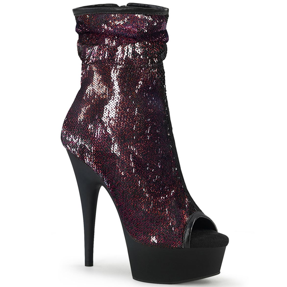 Product image of Pleaser DELIGHT-1008SQ Burgundy Sequins/Black Matte 6 inch (15.2 cm) Heel 1 3/4 inch (4.5 cm) Platform Peep Toe Sequins Ankle Boot Side Zip
