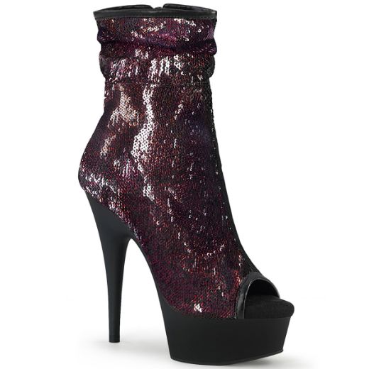 Product image of Pleaser DELIGHT-1008SQ Burgundy Sequins/Black Matte 6 inch (15.2 cm) Heel 1 3/4 inch (4.5 cm) Platform Peep Toe Sequins Ankle Boot Side Zip