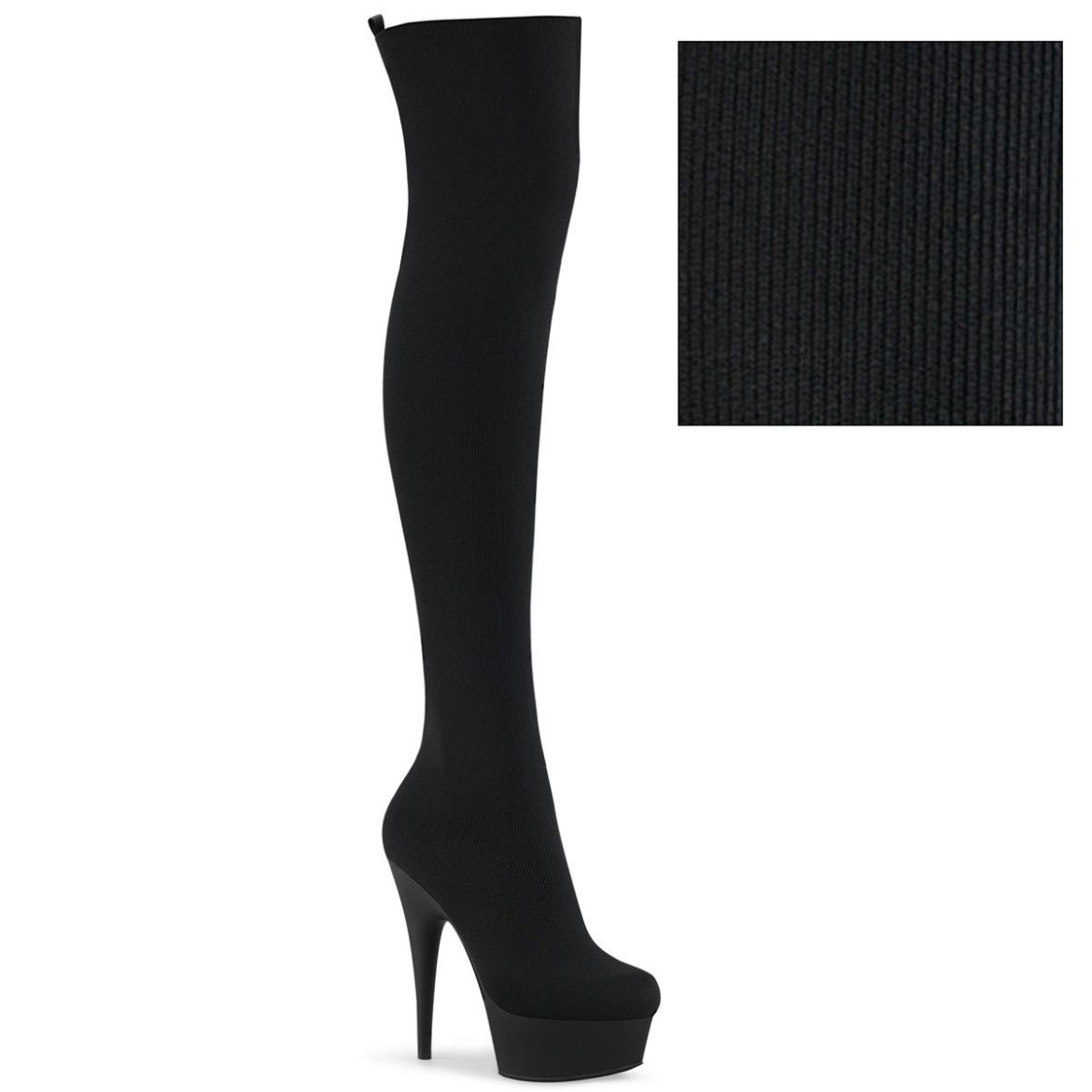Product image of Pleaser DELIGHT-3002-1 Black Stretch Knit Fabric/Black Matte 6 inch (15.2 cm) Heel 1 3/4 inch (4.5 cm) Platform Pull-On Stretch Knit Thigh Boot Thigh High Boot