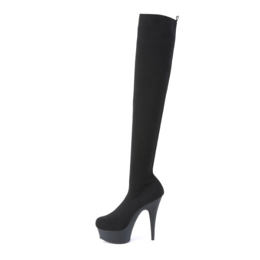 Product image of Pleaser DELIGHT-3002-1 Black Stretch Knit Fabric/Black Matte 6 inch (15.2 cm) Heel 1 3/4 inch (4.5 cm) Platform Pull-On Stretch Knit Thigh Boot Thigh High Boot