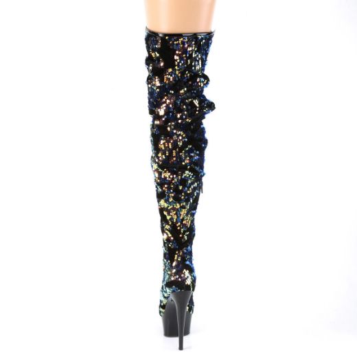 Product image of Pleaser DELIGHT-3004 Blue Iridescent Sequins/Black 6 inch (15.2 cm) Heel 1 3/4 inch (4.5 cm) Platform Slouch Thigh Boot Side Zip