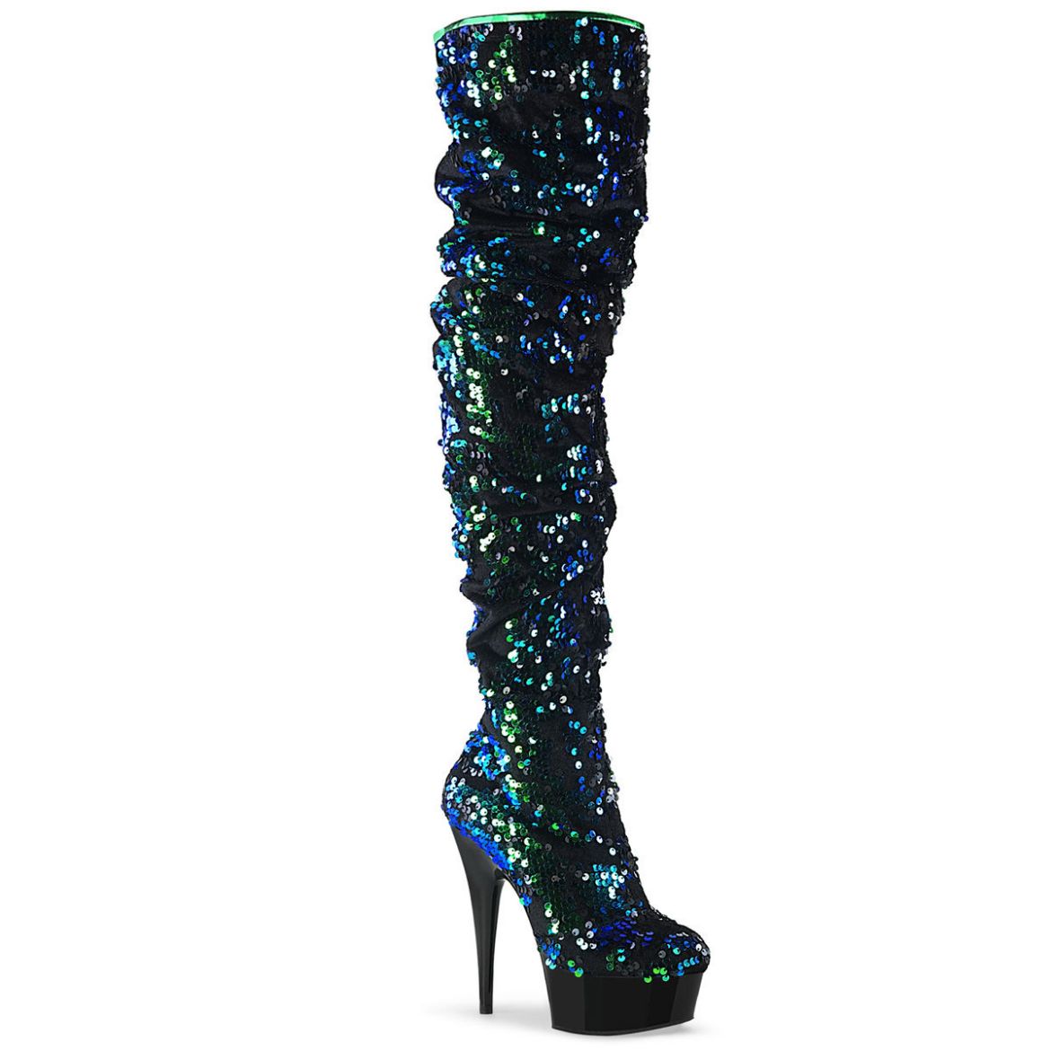 Product image of Pleaser DELIGHT-3004 Green Iridescent Sequins/Black 6 inch (15.2 cm) Heel 1 3/4 inch (4.5 cm) Platform Slouch Thigh Boot Side Zip