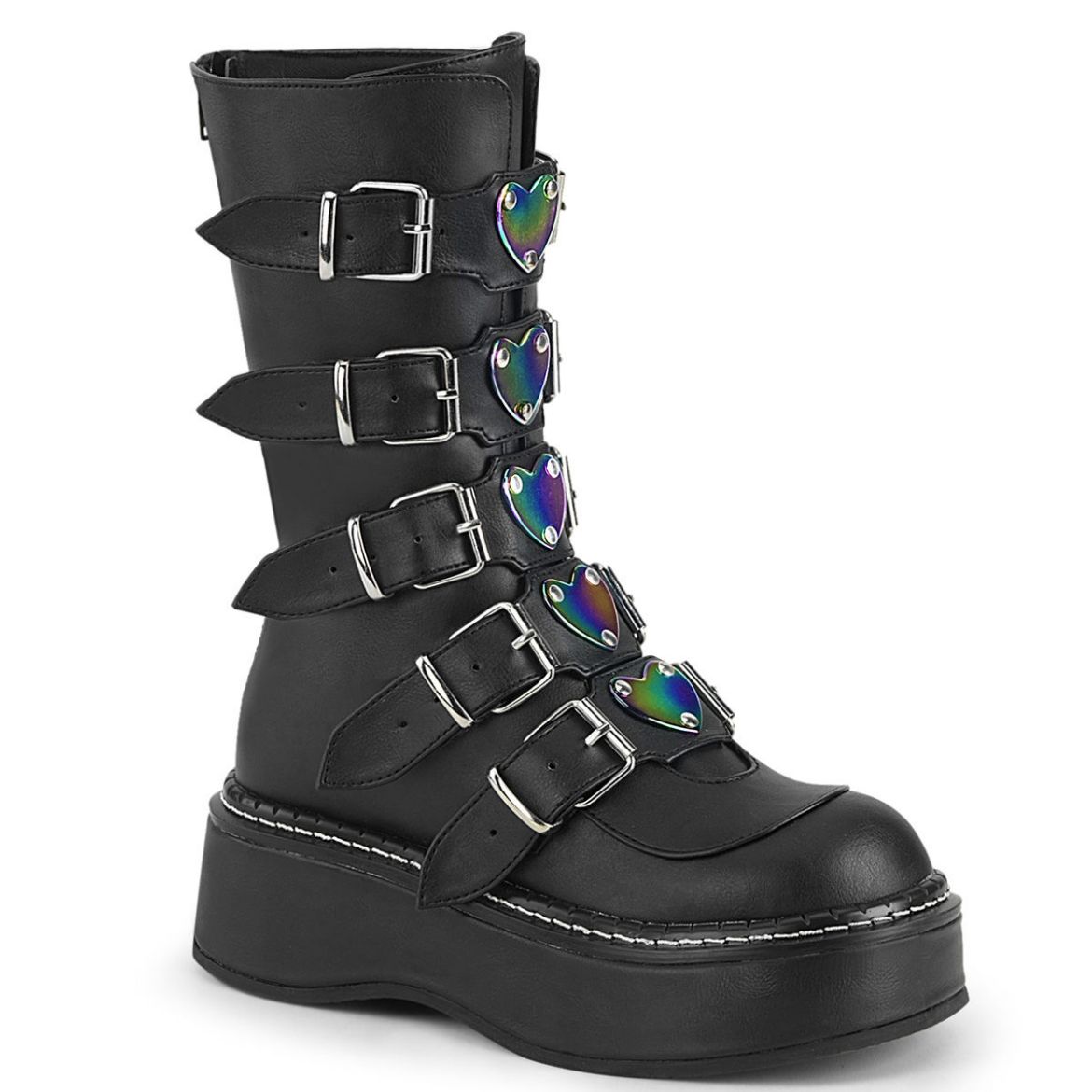 Product image of Demonia EMILY-330 Black Vegan Faux Leather 2 inch (5.1 cm) Platform Calf High With  5 Buckles Straps Back Metal Zip