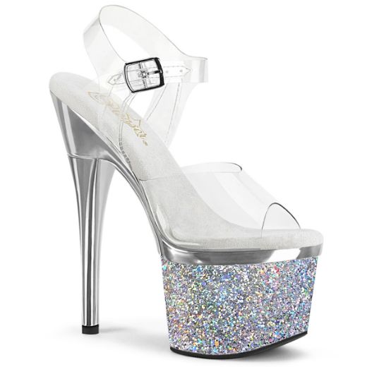 Product image of Pleaser ESTEEM-708CHLG Clear/Silver Chrome-Multicolour Glitter 7 inch (17.8 cm) Heel 3 inch (7.6 cm) Platform Ankle Strap Sandal