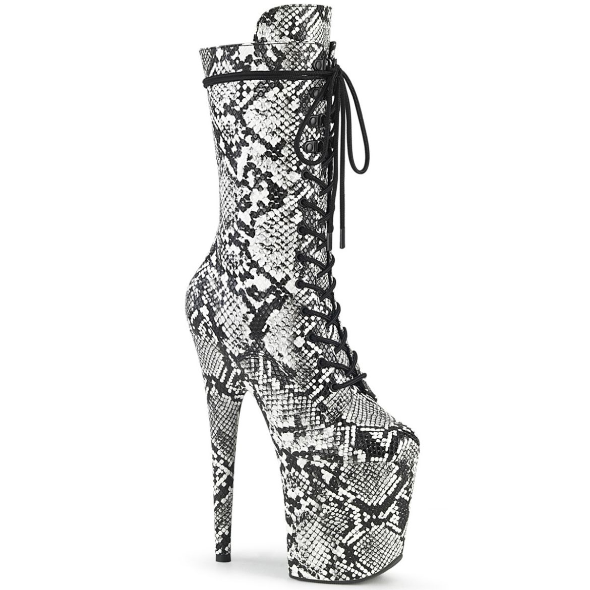 Product image of Pleaser FLAMINGO-1050SP Black-White Animal Print Print/Black-White Animal Print Print 8 inch (20 cm) Heel 4 inch (10 cm) Platform Lace-Up Front Mid Calf Boot Side Zip