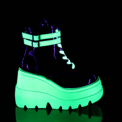 Product image of Demonia SHAKER-52 Black Patent-Blacklight (Uv) Reactive Neon Green 4 1/2 inch Wedge Platform Lace-Up Ankle Boot Side Zip