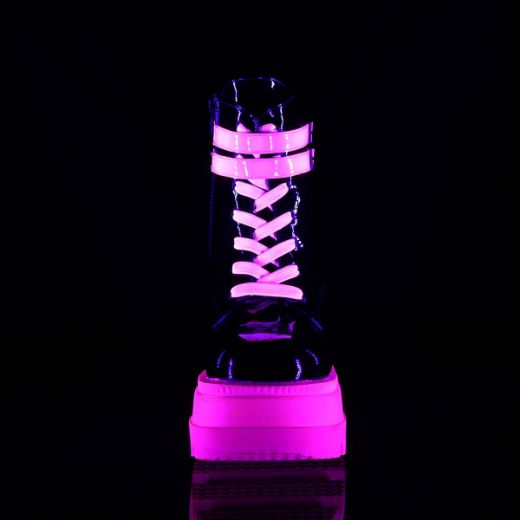 Product image of Demonia SHAKER-52 Black Patent-Blacklight (Uv) Reactive Neon Pink 4 1/2 inch Wedge Platform Lace-Up Ankle Boot Side Zip