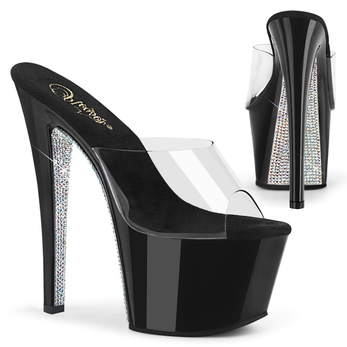 Product image of Pleaser SKY-301CRS Clear/Black-Silver Rhinestones Rhinestones 7 inch (17.8 cm) Heel 2 3/4 inch (7 cm) Platform Slide Slide Mule Shoes