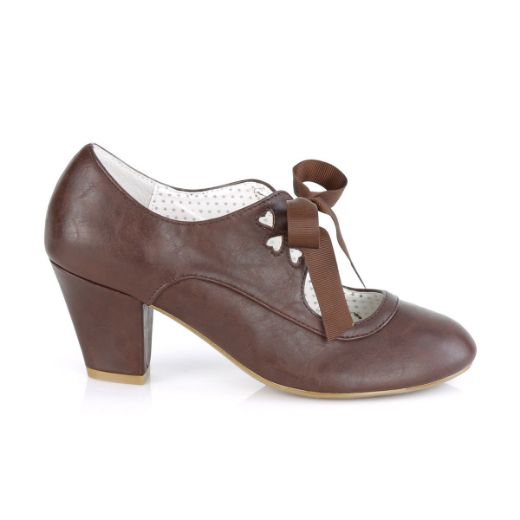 Product image of Pin Up Couture WIGGLE-32 Dark Brown Faux Leather 2 1/2 inch (6.5 cm) Cuben Heel Heel Mary Jane Pump With Ribbon Tie Court Pump Shoes