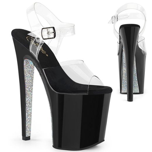 Product image of Pleaser XTREME-808CRS Clear/Black-Silver Rhinestones 8 inch (20 cm) Heel 4 inch (10 cm) Platform Ankle Strap Sandal With  Contrast Rhinestones Shoes