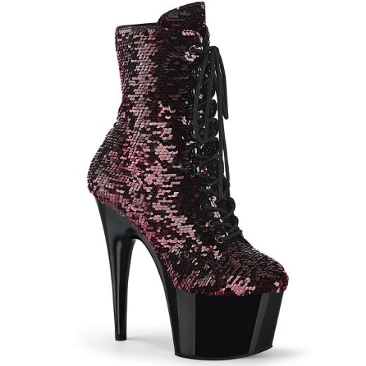 Product image of Pleaser ADORE-1020SQ Black-Red Flip Sequins/Black 7 inch (17.8 cm) Heel 2 3/4 inch (7 cm) Platform Lace-Up Sequins Ankle Boot Side Zip