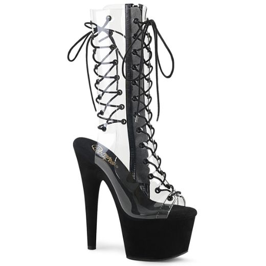 Product image of Pleaser ADORE-700-60FS Clear/Black Faux Suede 7 inch (17.8 cm) Heel 2 3/4 inch (7 cm) Platform Lace-Up Mid Calf Boot Side Zip