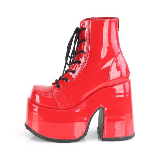 Product image of Demonia CAMEL-203 Red Patent 5 inch (12.7 cm) Chunky Heel 3 inch (7.6 cm) P/F Lace-Up Ankle Boot Metal Back Zip