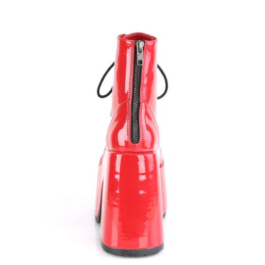 Product image of Demonia CAMEL-203 Red Patent 5 inch (12.7 cm) Chunky Heel 3 inch (7.6 cm) P/F Lace-Up Ankle Boot Metal Back Zip