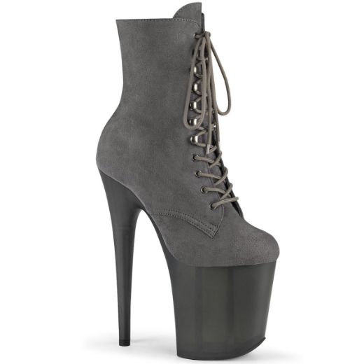 Product image of Pleaser FLAMINGO-1020FST Grey Faux Suede/Frosted Grey 8 inch (20 cm) Heel 4 inch (10 cm) Tinted Platform Lace-Up Front Ankle Boot Side Zip