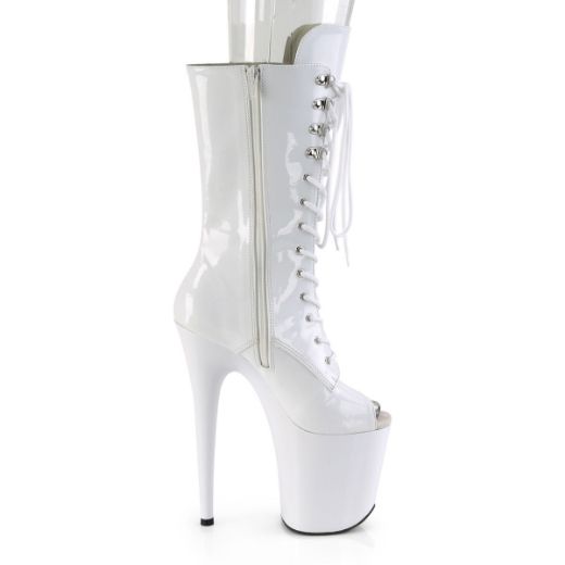 Product image of Pleaser FLAMINGO-1051 White Patent/White 8 inch (20 cm) Heel 4 inch (10 cm) Platform Lace-Up Glitter Ankle Boot Side Zip