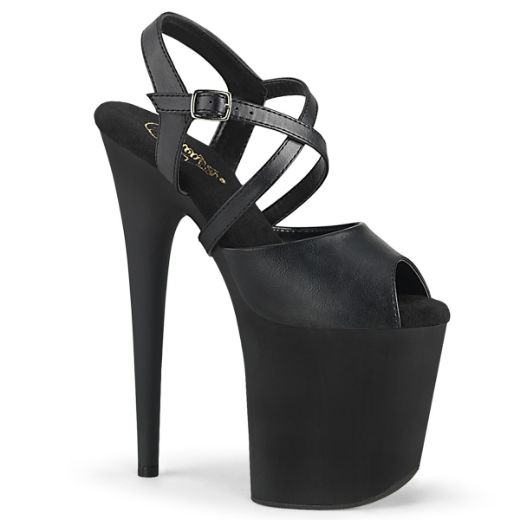 Product image of Pleaser FLAMINGO-824 Black Faux Leather/Black Matte 8 inch (20 cm) Heel 4 inch (10 cm) Platform Peep Toe Criss Cross Ankle Strap Sandal