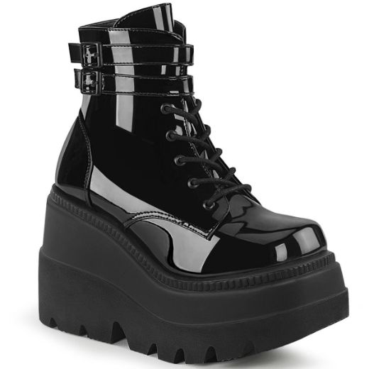 Product image of Demonia SHAKER-52 Black Patent 4 1/2 inch Wedge Platform Ankle Boot Side Zip