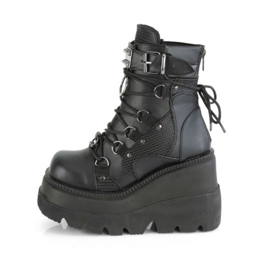 Product image of Demonia SHAKER-60 Black Vegan Faux Leather 4 1/2 inch Wedge Platform Lace-Up Ankle Boot Back Metal Zip