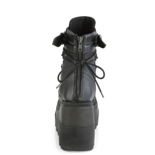 Product image of Demonia SHAKER-60 Black Vegan Faux Leather 4 1/2 inch Wedge Platform Lace-Up Ankle Boot Back Metal Zip