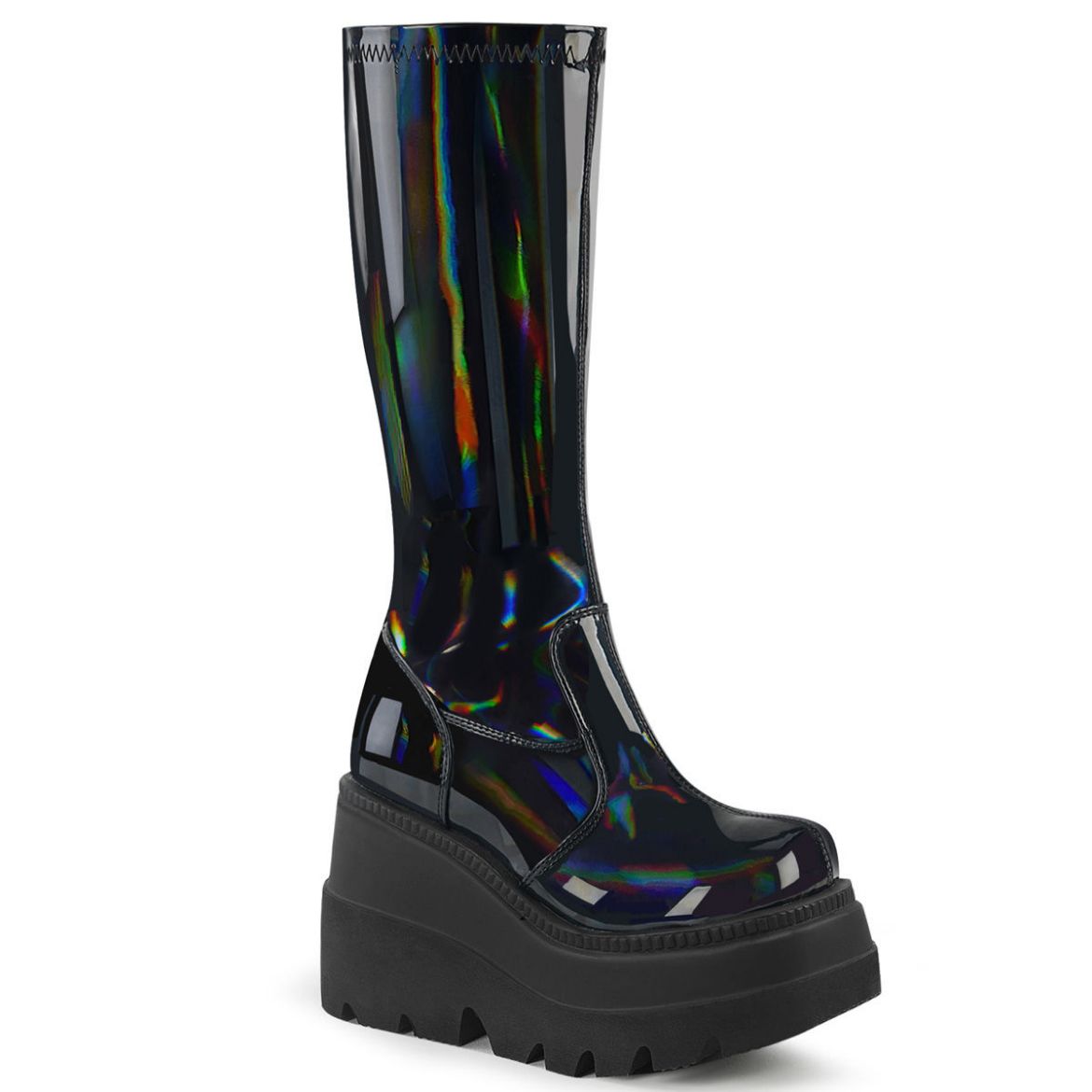 Product image of Demonia SHAKER-65 Stretch Black Patent Holographic 4 1/2 inch Wedge Platform Stretch Knee High Boot Back Zip