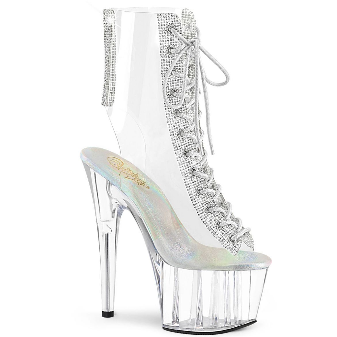 Product image of Pleaser ADORE-1016C-2 Clear-Rhinestones/Clear 7 inch Heel 2 3/4 inch Platform Open Toe/Heel Lace-Up Ankle Boot With Rhinestones