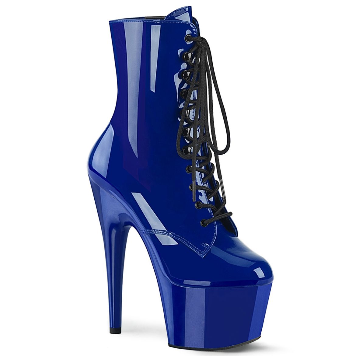Product image of Pleaser ADORE-1020 Royal Blue Patent/Royal Blue 7 inch (17.8 cm) Heel 2 3/4 inch (7 cm) Platform Lace-Up Front Ankle Boot Side Zip