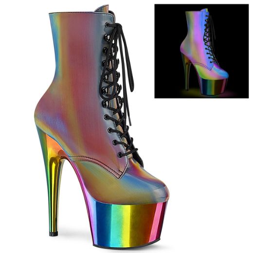 Product image of Pleaser ADORE-1020RC-REFL Rainbow Reflective/Rainbow Chrome 7 inch (17.8 cm) Heel 2 3/4 inch (7 cm) Chromed Platform Lace-Up Ankle Boot Side Zip