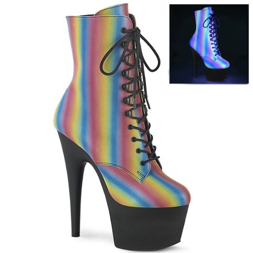 Product image of Pleaser ADORE-1020REFL-02 Rainbow Reflective/Black Matte 7 inch (17.8 cm) Heel 2 3/4 inch (7 cm) Platform Lace-Up Front Ankle Boot Side Zip