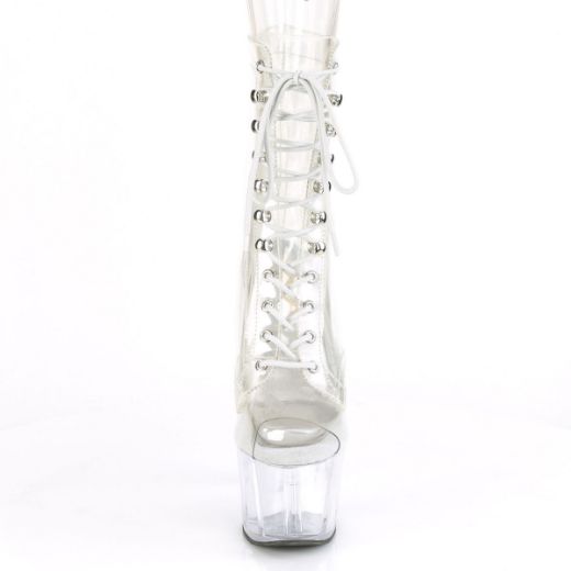 Product image of Pleaser ADORE-1021C Clear/Clear 7 inch (17.8 cm)  Heel 2 3/4 inch (7 cm) Platform Peep Toe Lace-Up Front Ankle Boot