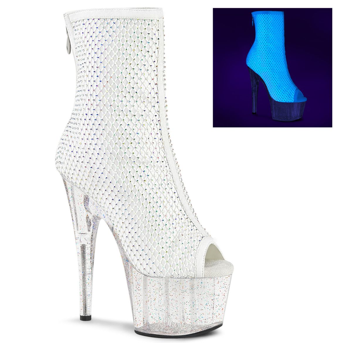 Product image of Pleaser ADORE-1031GM White Fabric-Rhinestones/Clear 7 inch (17.8 cm) Heel 2 3/4 inch (7 cm) Platform Open Toe Ankle Boot Back Zip