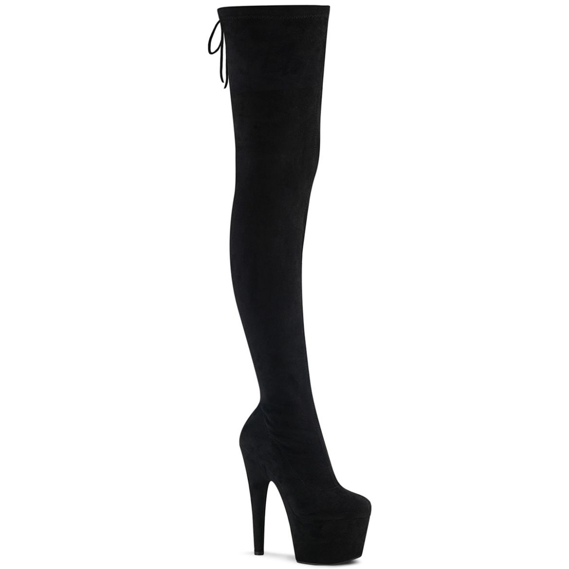Product image of Pleaser ADORE-3008 Black Stretch Faux Suede/Black Faux Suede 7 inch (17.8 cm) Heel 2 3/4 inch (7 cm) Platform Stretch Pull-On Thigh High Boot