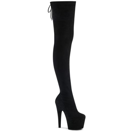 Product image of Pleaser ADORE-3008 Black Stretch Faux Suede/Black Faux Suede 7 inch (17.8 cm) Heel 2 3/4 inch (7 cm) Platform Stretch Pull-On Thigh High Boot