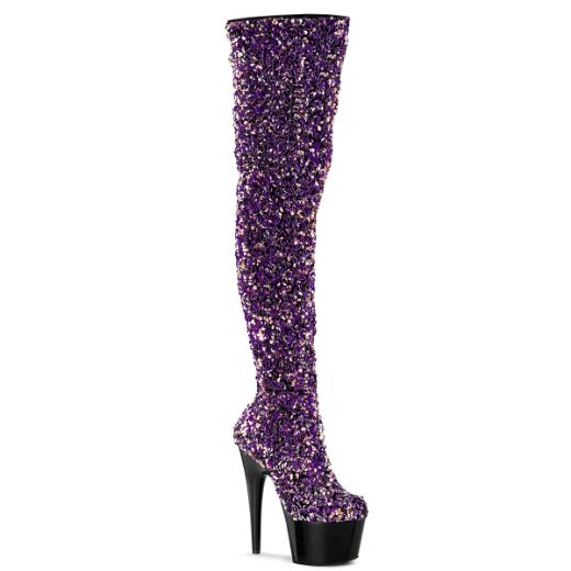 Product image of Pleaser ADORE-3020 Purple Multicolour Sequins/Black 7 inch (17.8 cm) Heel 2 3/4 inch (7 cm) Platform Sequins Thigh High Boot Inside Zip