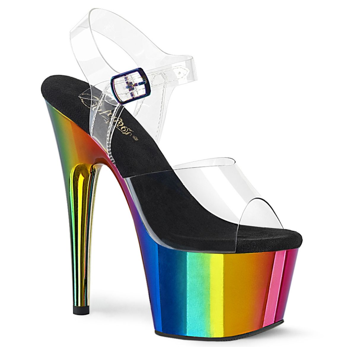 Product image of Pleaser ADORE-708RC Clear/Rainbow Chrome 7 inch (17.8 cm) Heel 2 3/4 inch (7 cm) Chrome Plated Platform Ankle Strap Sandal Shoes