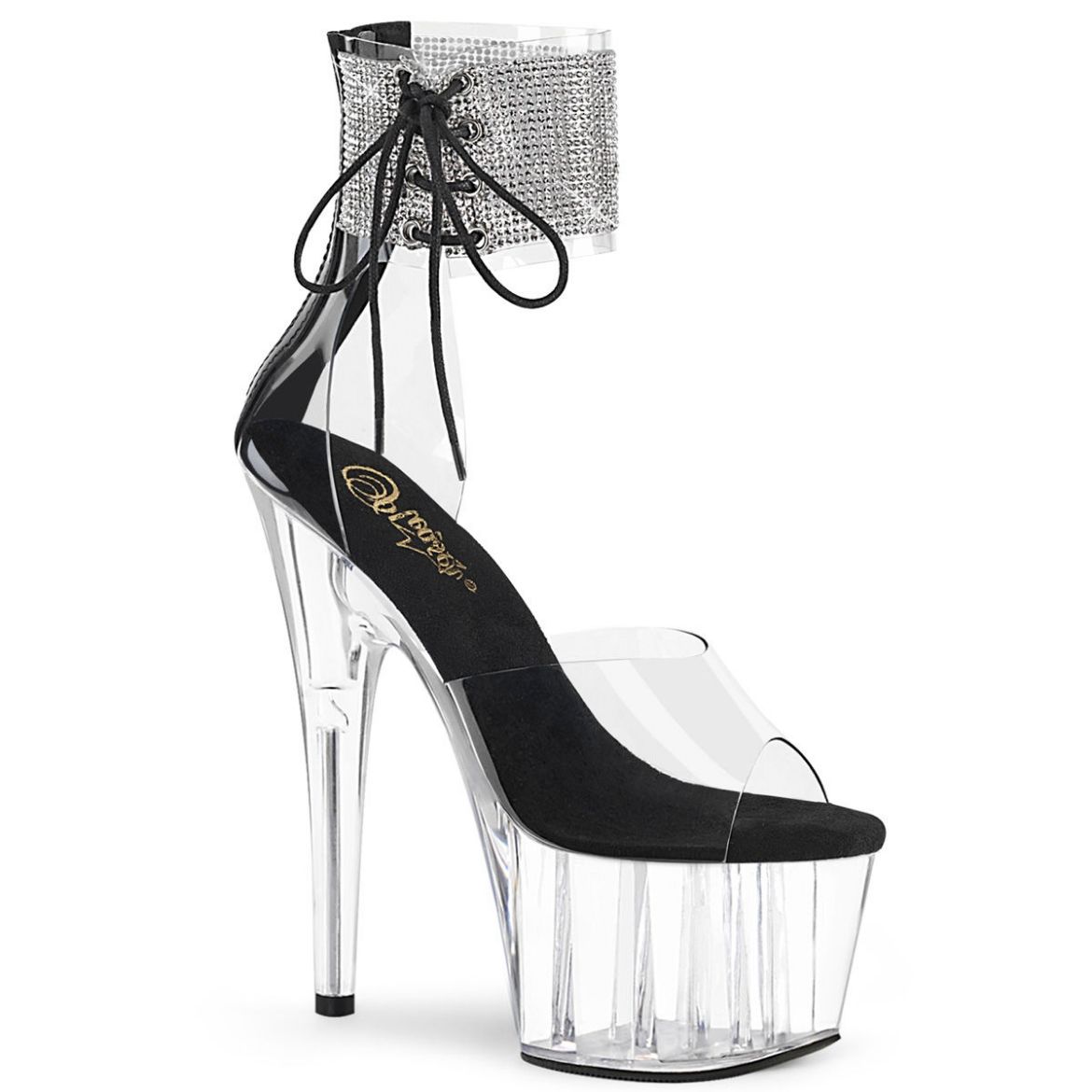 Product image of Pleaser ADORE-724RS Clear-Black/Clear 7 inch (17.8 cm) Heel 2 3/4 inch (7 cm) Platform Ankle Cuff Sandal With Rhinestones Back Zip Shoes