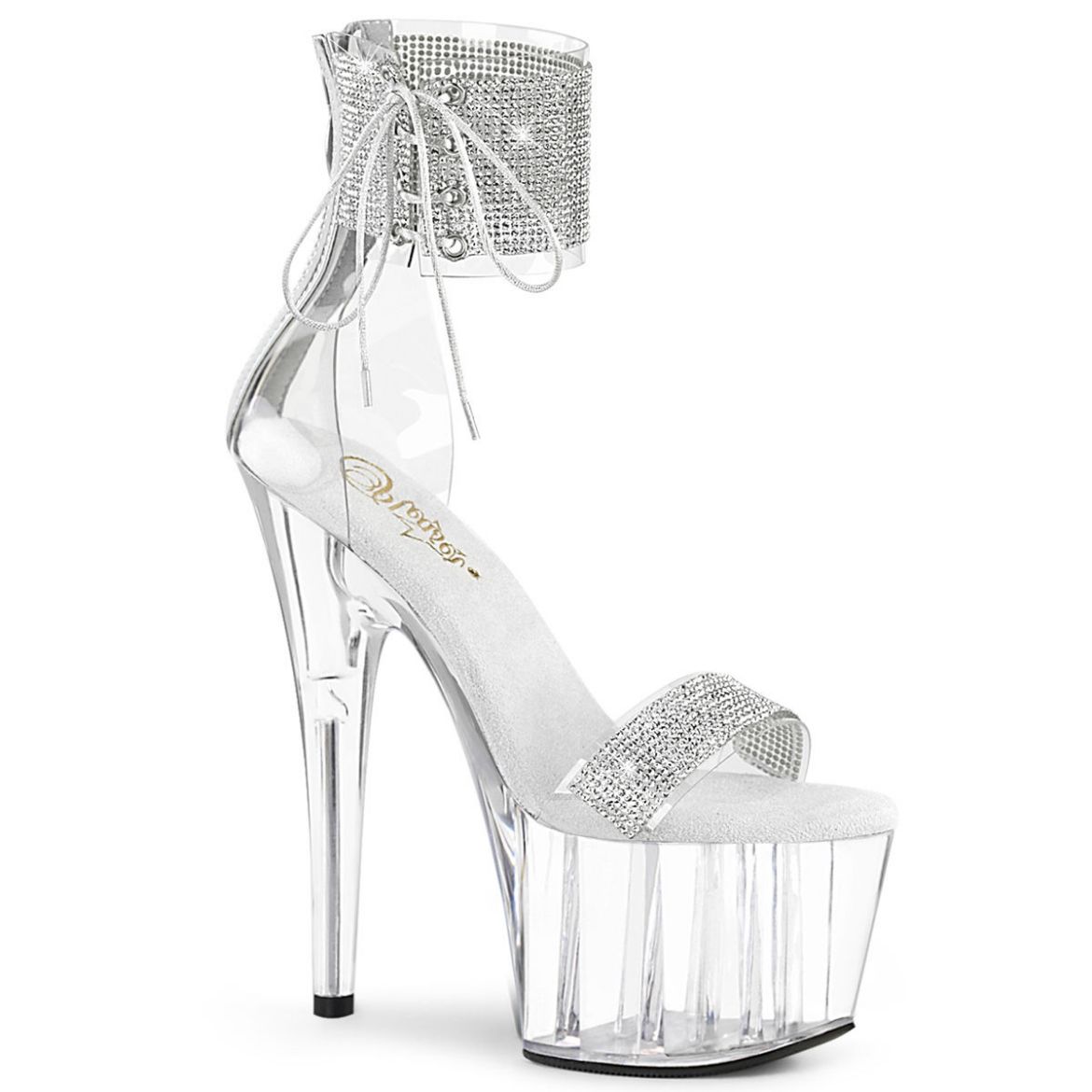 Product image of Pleaser ADORE-727RS Clear-Silver/Clear 7 inch (17.8 cm) Heel 2 3/4 inch (7 cm) Platform Ankle Cuff Sandal With Rhinestones Back Zip