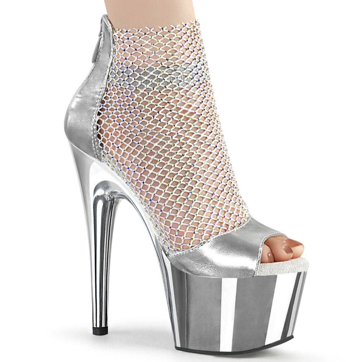 Product image of Pleaser ADORE-765RM Silver Metallic Polyurethane (Pu)-Rhinestones Mesh/Silver Chrome 7 inch (17.8 cm) Heel 2 3/4 inch (7 cm) Platform Close Back Shootie Sandal Back Zip Shoes