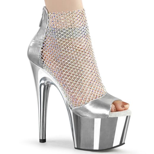 Product image of Pleaser ADORE-765RM Silver Metallic Polyurethane (Pu)-Rhinestones Mesh/Silver Chrome 7 inch (17.8 cm) Heel 2 3/4 inch (7 cm) Platform Close Back Shootie Sandal Back Zip Shoes
