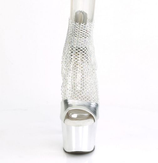 Product image of Pleaser ADORE-765RM Silver Metallic Polyurethane (Pu)-Rhinestones Mesh/Silver Chrome 7 inch (17.8 cm) Heel 2 3/4 inch (7 cm) Platform Close Back Shootie Sandal Back Zip Shoes