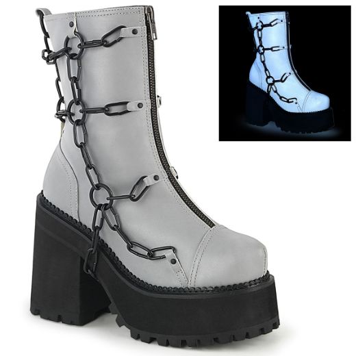 Product image of Demonia ASSAULT-66 Grey Reflective Vegan Faux Leather 4 3/4 inch (12.1 cm) Heel 2 1/4 inch (5.7 cm) Platform Ankle Boot Front Zip