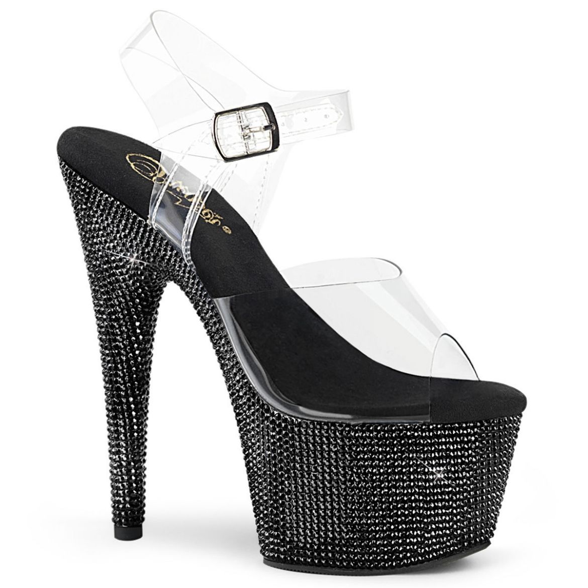 Product image of Pleaser BEJEWELED-708DM Clear/Black Rhinestones 7 inch (17.8 cm) Heel 2 3/4 inch (7 cm) Platform Ankle Strap Sandal With Rhinestones Shoes