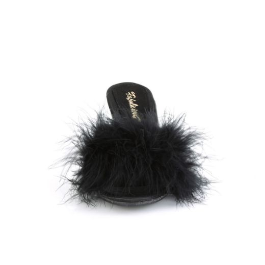 Product image of Fabulicious BELLE-301F Black Polyurethane (Pu)-Faux Fur/Clear 3 inch (7.6 cm) Heel 1/8 inch (0.3 cm) Mini Platform Faux Feathers Faux Fur Slide Slide Mule Shoes
