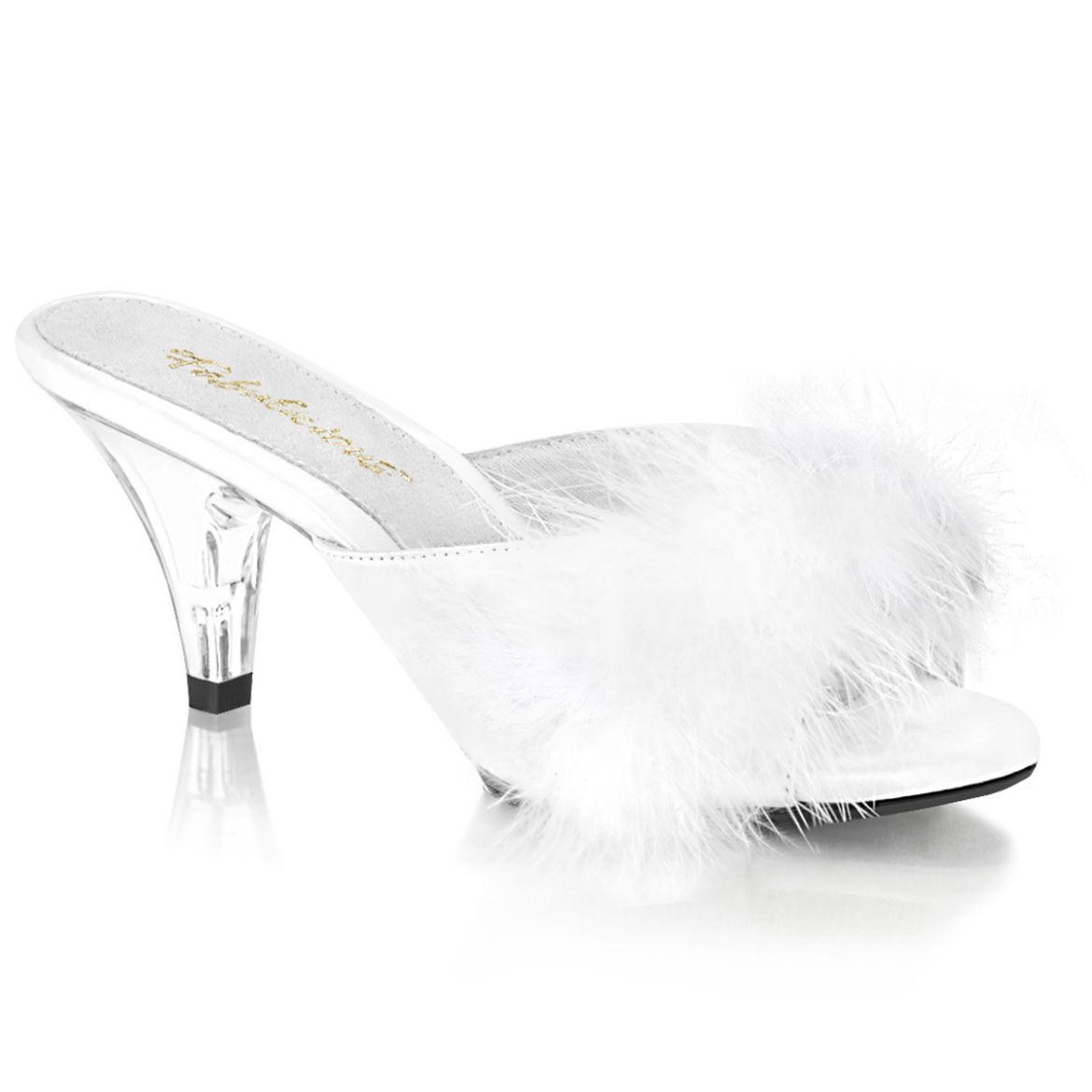 Product image of Fabulicious BELLE-301F White Polyurethane (Pu)-Faux Fur/Clear 3 inch (7.6 cm) Heel 1/8 inch (0.3 cm) Mini Platform Faux Feathers Faux Fur Slide Slide Mule Shoes