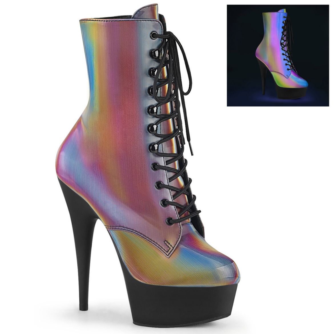 Product image of Pleaser DELIGHT-1020REFL Rainbow Reflective/Black Matte 6 inch (15.2 cm) Heel 1 3/4 inch (4.5 cm) Platform Lace-Up Front Ankle Boot Side Zip